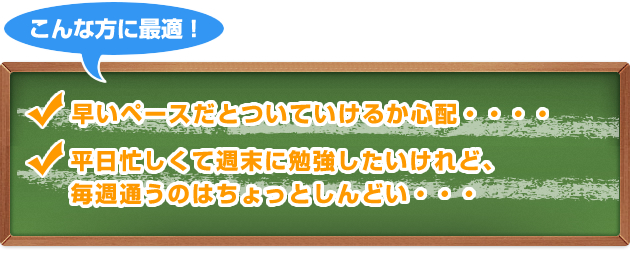 こんな方に最適!-早いペースだとついていけるか心配・・・・/平日忙しくて週末に勉強したいけれど、毎週通うのはちょっとしんどい・・・